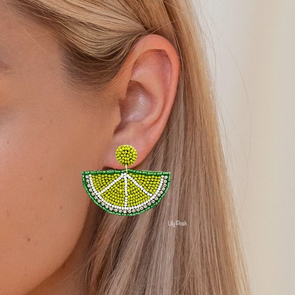 Beaded Lime Earring, Seed Bead Fruit Earring, Boho Summer Tropical Vacation - Picture 2 of 2